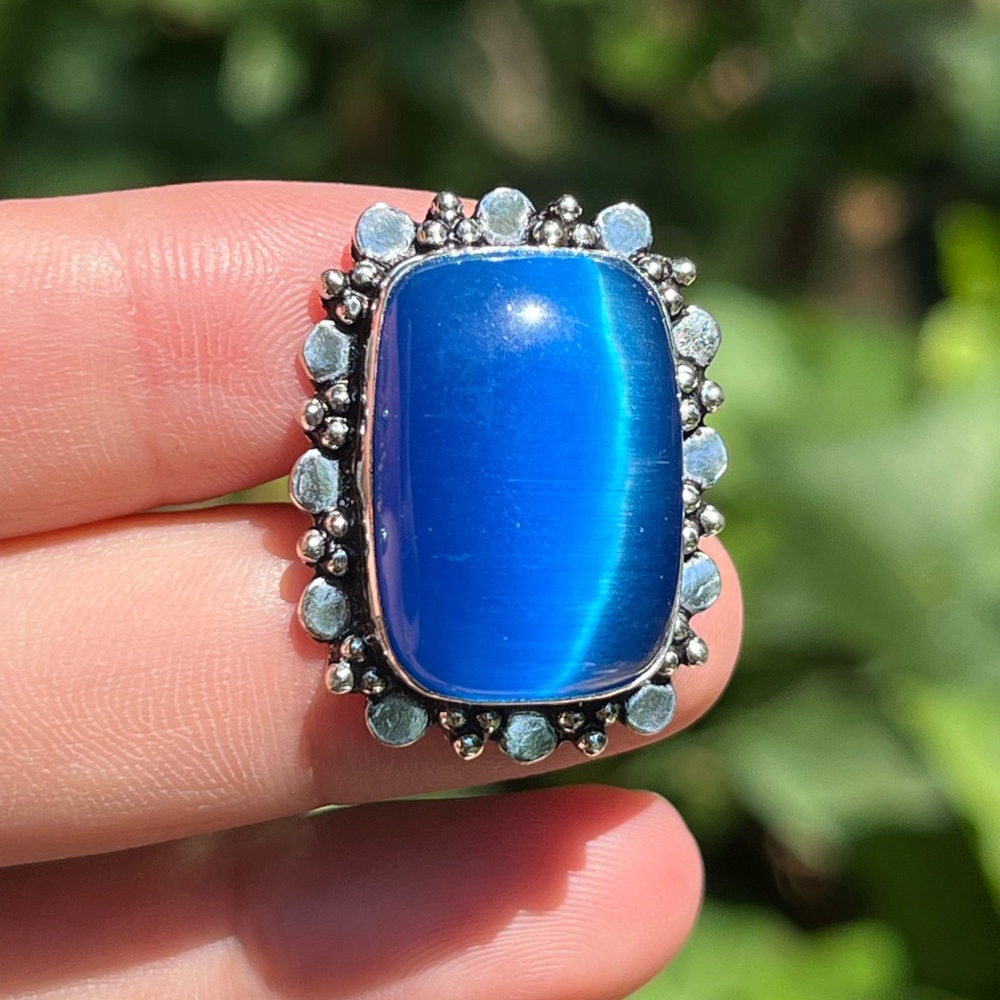 Size 7.25 925 Silver Plated Blue Cat Eye Stone Ring 2416